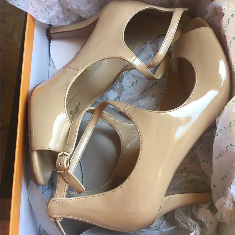 Natural Patent Ankle Cross Strap Peek Toe Heels - Picture 4 of 4